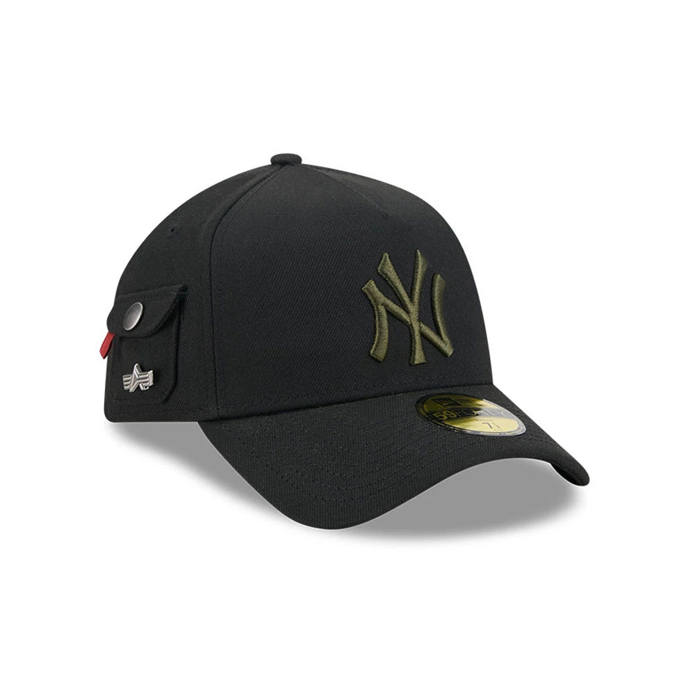 New York Yankees MLB X Alpha Black New Era 59FORTY A-Frame Fitted Cap, three-quarter view showing an olive NY logo embroidered on the front panel, a black visor with a gold size sticker, and a side pocket with a small silver badge.
