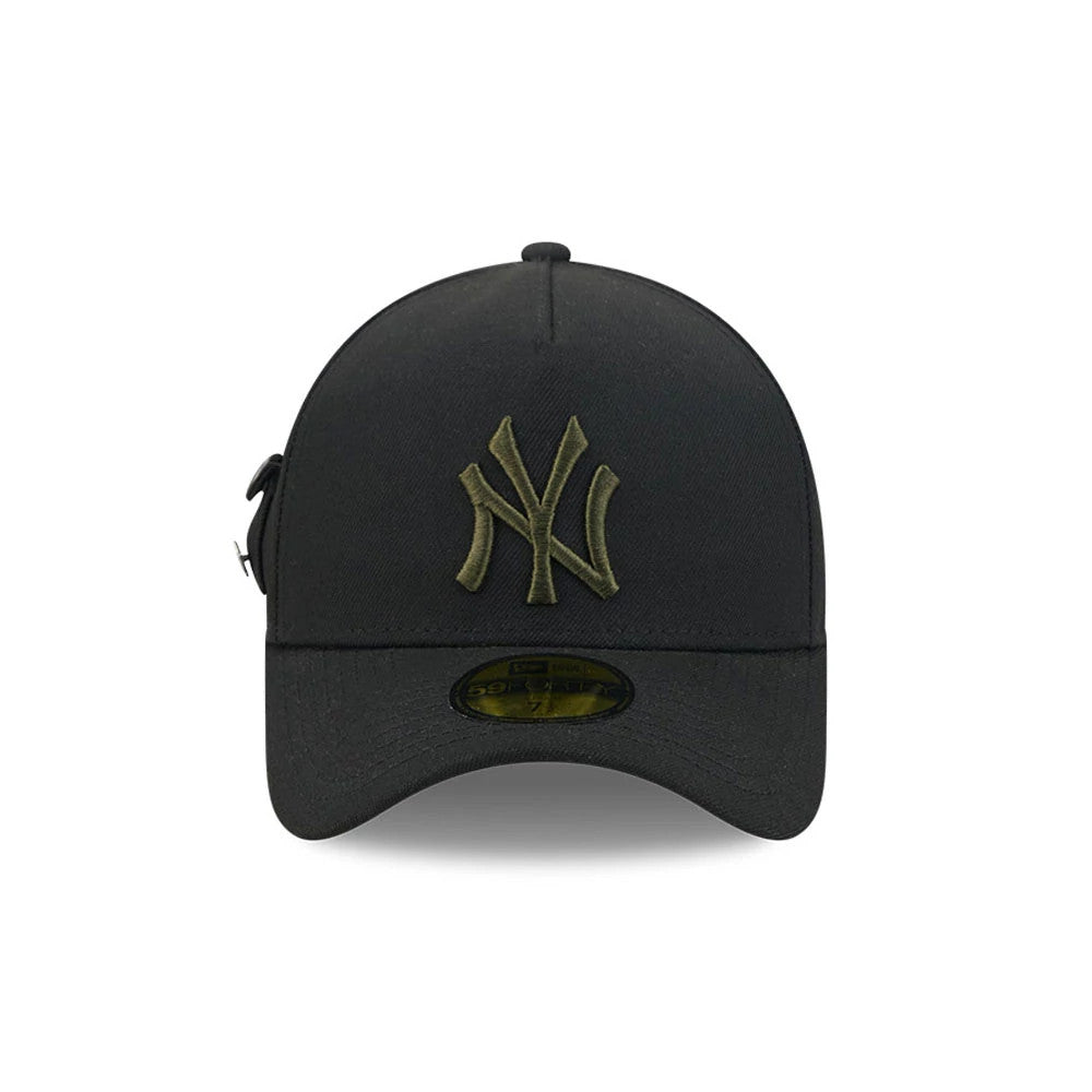 New York Yankees MLB X Alpha Black New Era 59FORTY A-Frame Fitted Cap, front view showing an olive green raised embroidered NY logo on the structured black crown, with a black curved visor and a 59FORTY size sticker on the centre.