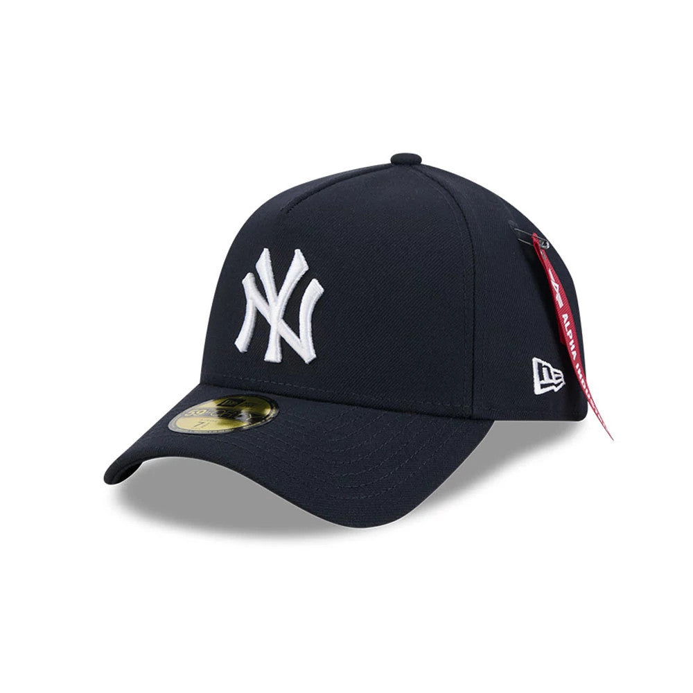 New York Yankees MLB X Alpha Navy New Era 59FORTY A-Frame Fitted Cap, three-quarter view showing the raised white NY logo on the structured navy crown, with a curved visor and a gold 59FORTY size sticker on the visor.