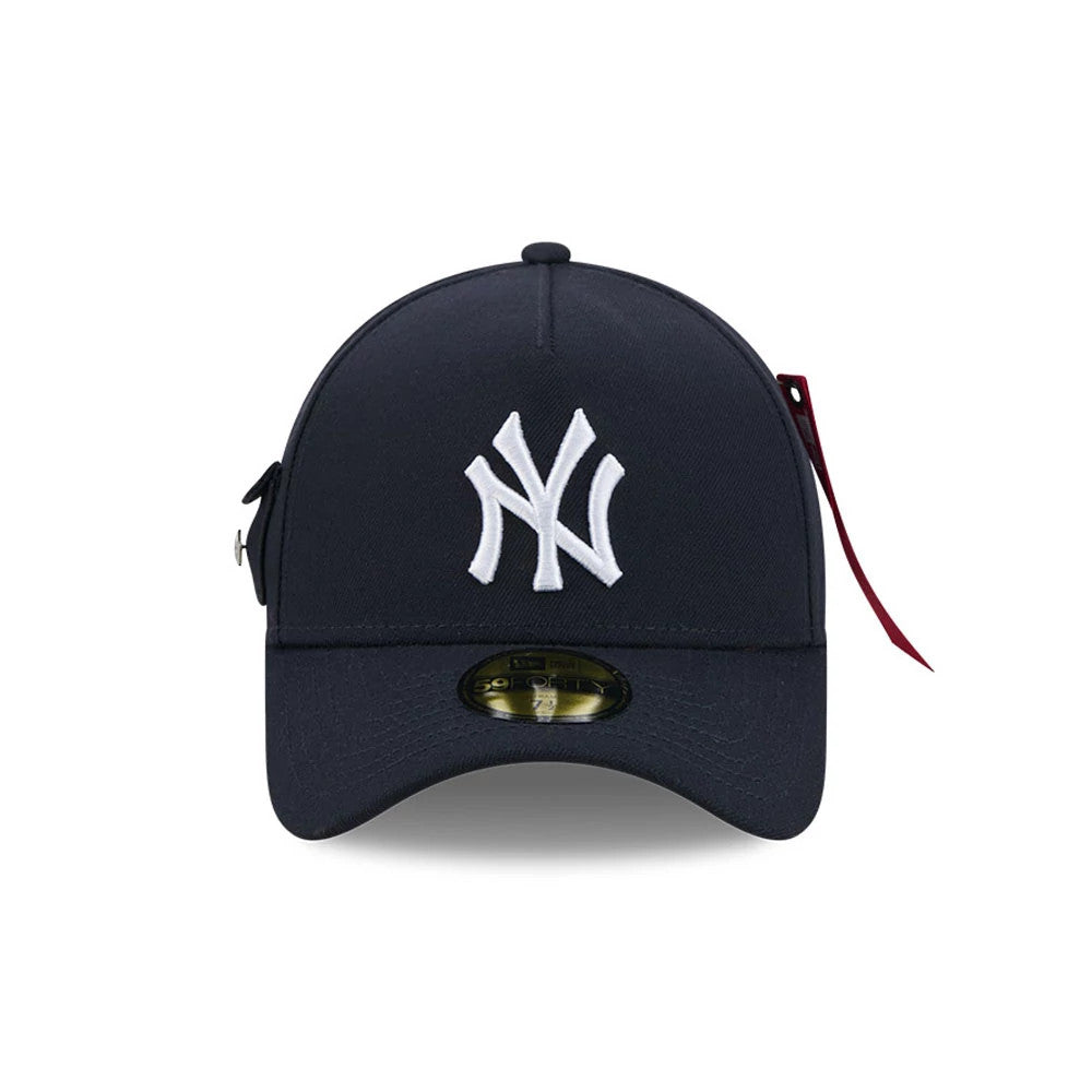 New York Yankees MLB X Alpha Navy New Era 59FORTY A-Frame Fitted Cap, front view showing a white embroidered NY logo on the structured navy crown, with a gold 59FORTY size sticker on the curved visor and a red side tag.