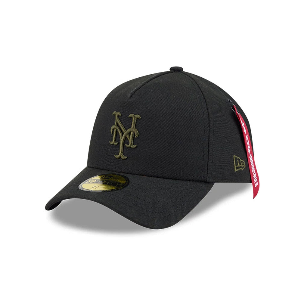 New York Mets MLB X Alpha Black New Era 59FORTY A-Frame Fitted Cap, three-quarter view showing the olive green embroidered Mets logo on the front panel, with a curved black visor featuring a gold 59FORTY size sticker and a red side tag.