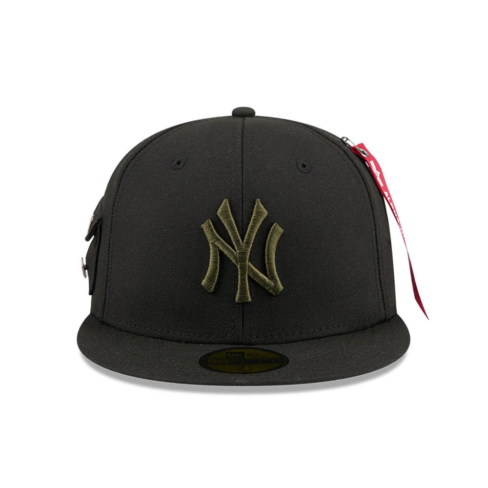 New York Yankees MLB X Alpha Black New Era 59FIFTY Fitted Cap, front view showing the olive green raised embroidered NY logo on the structured black crown, with a black visor and the gold 59FIFTY size sticker on the upper side.