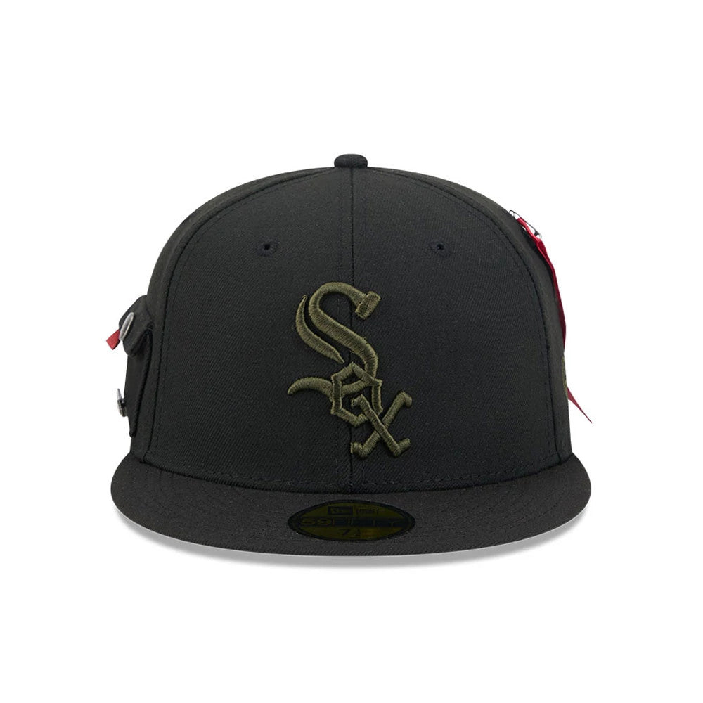 Chicago White Sox MLB X Alpha Black New Era 59FIFTY Fitted Cap, front view showing an olive embroidered Sox logo on the front panels, a black flat visor with a gold 59FIFTY size sticker, and a side attachment detail.