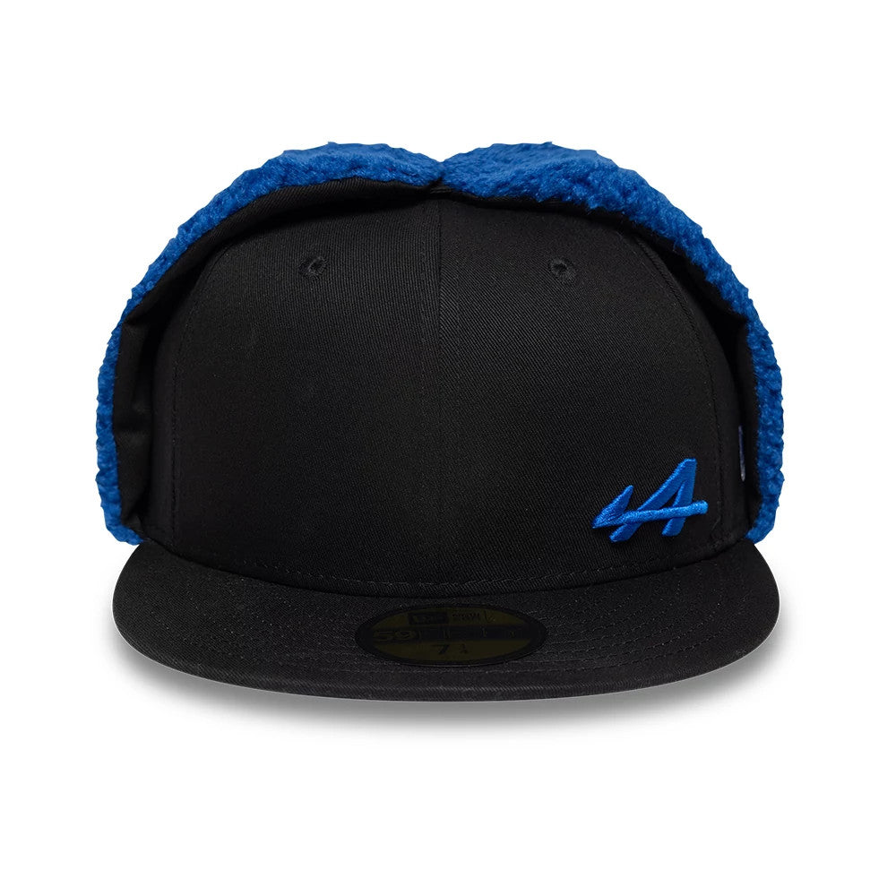 Alpine Racing A390 Navy Dogear New Era 59FIFTY Fitted Cap, front view showing blue raised embroidery of the A logo on the black front panel, a black visor with a gold 59FIFTY size sticker, and distinct blue dogear panels.