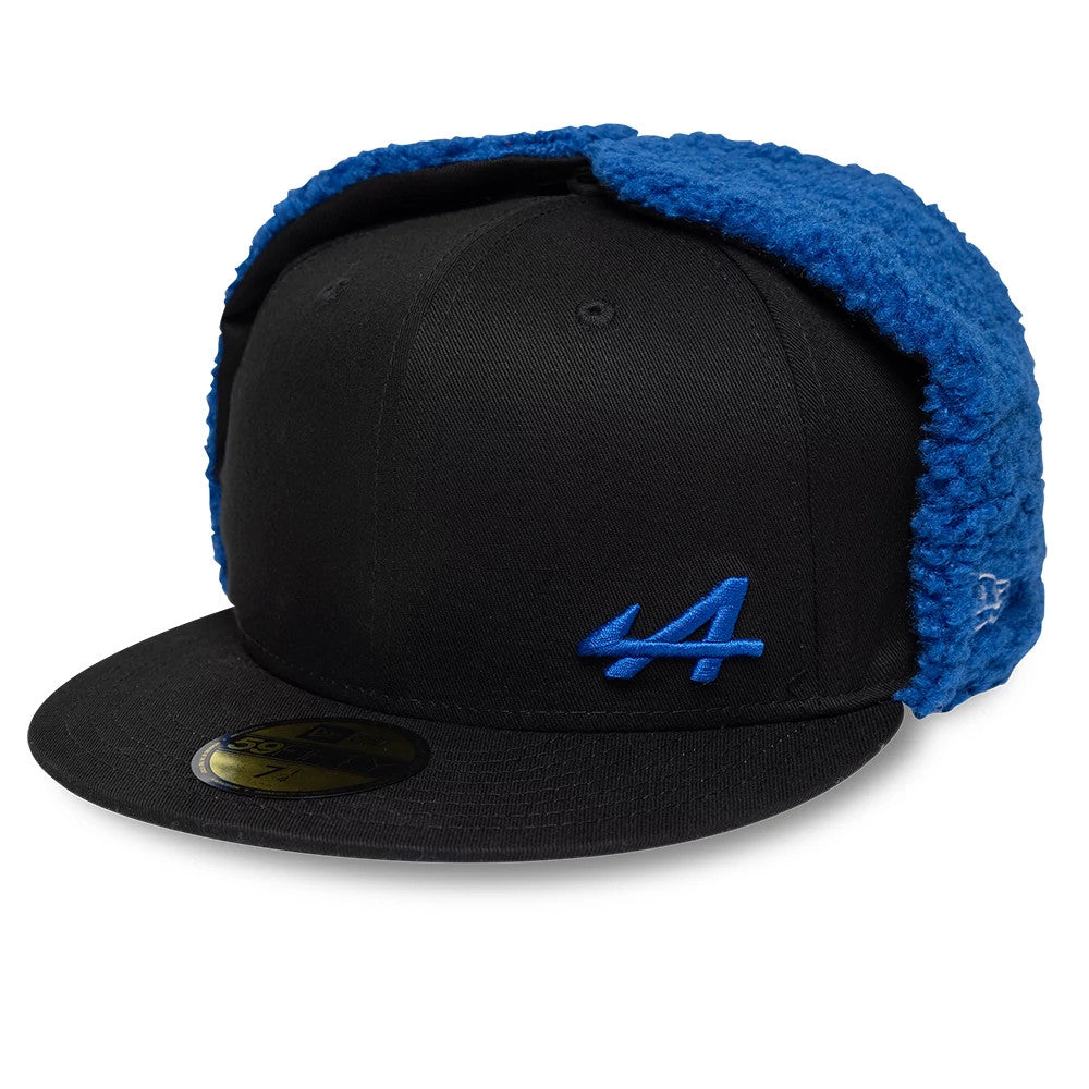 Alpine Racing A390 Navy Dogear New Era 59FIFTY Fitted Cap, three-quarter view showing the royal blue embroidered A logo on the front left panel, black visor with gold 59FIFTY size sticker, and plush blue dogear flaps.