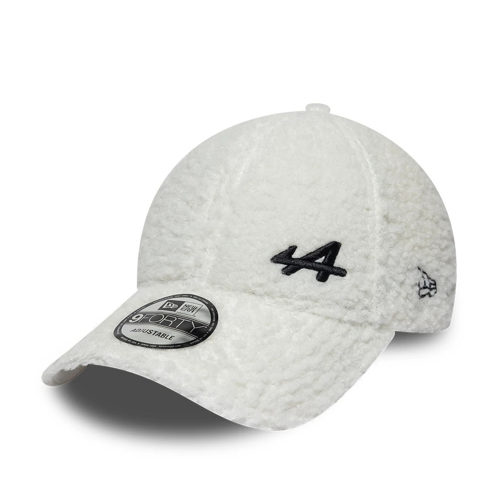Alpine Racing A390 Cream New Era 9FORTY Adjustable Cap, three-quarter view showing a black embroidered A logo on the front panel, an adjustable strap at the rear covered by the cream fluffy texture, and a 9FORTY size sticker on the visor.