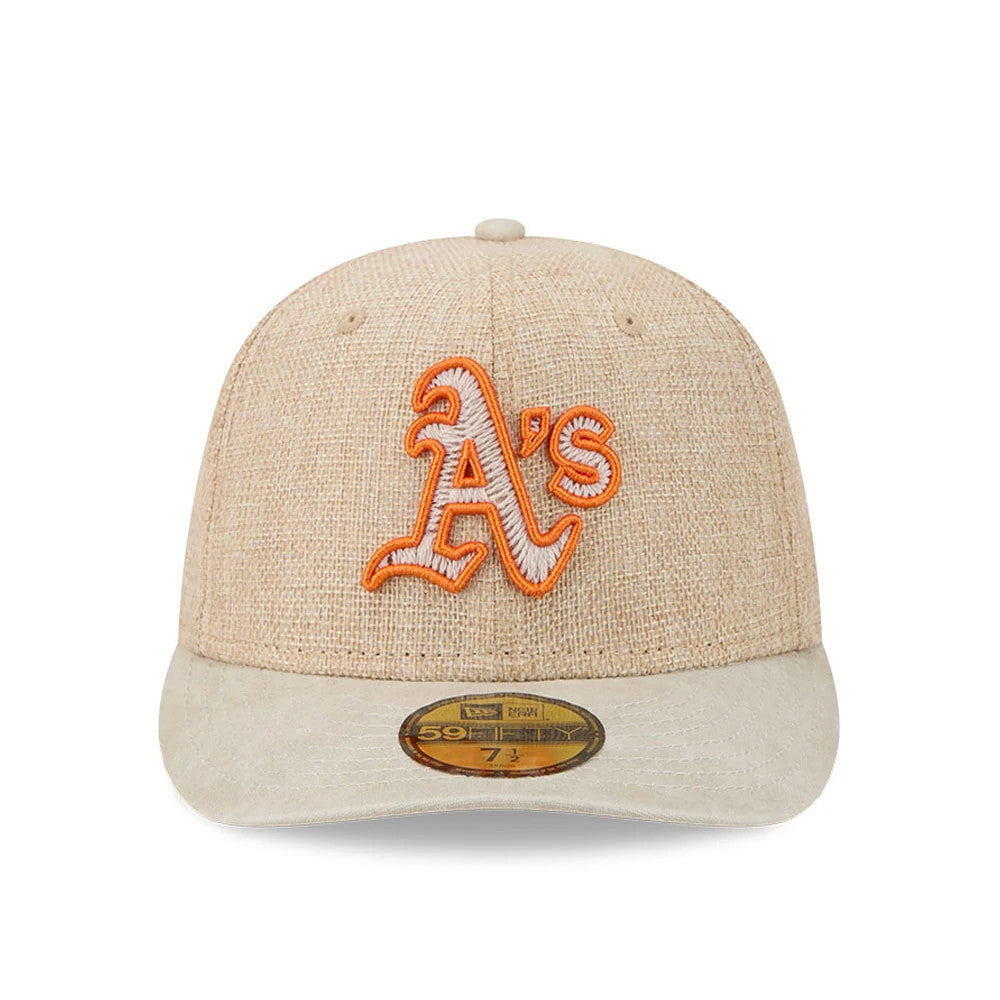 Athletics MLB Halloween Beige New Era 59FIFTY Fitted Cap, front view showing an orange embroidered A's logo on the structured beige crown, with a beige visor and a gold 59FIFTY size sticker centred on the visor.