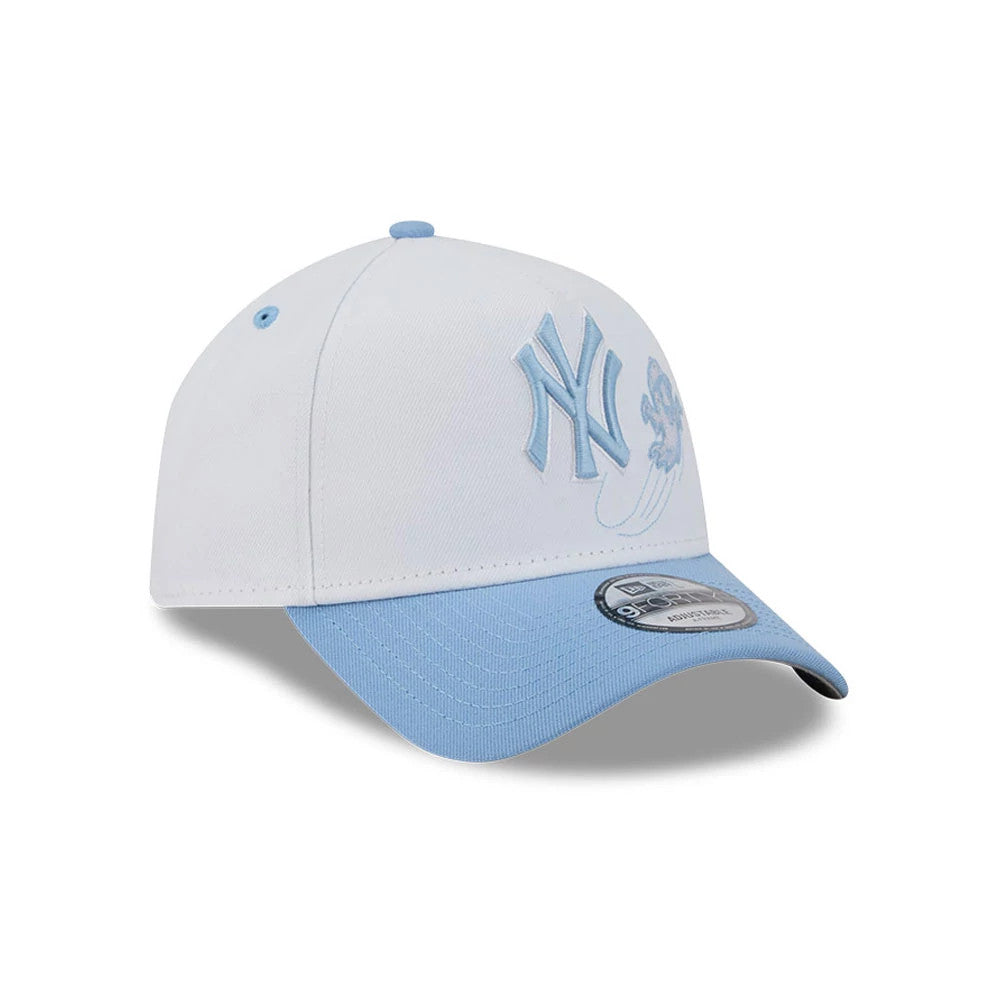 New York Yankees MLB Halloween White New Era 9FORTY A-Frame Adjustable Cap, three-quarter view showing a raised light blue NY logo and spooky graphic on the front panel, with a matching light blue curved visor and 9FORTY size sticker on the top.