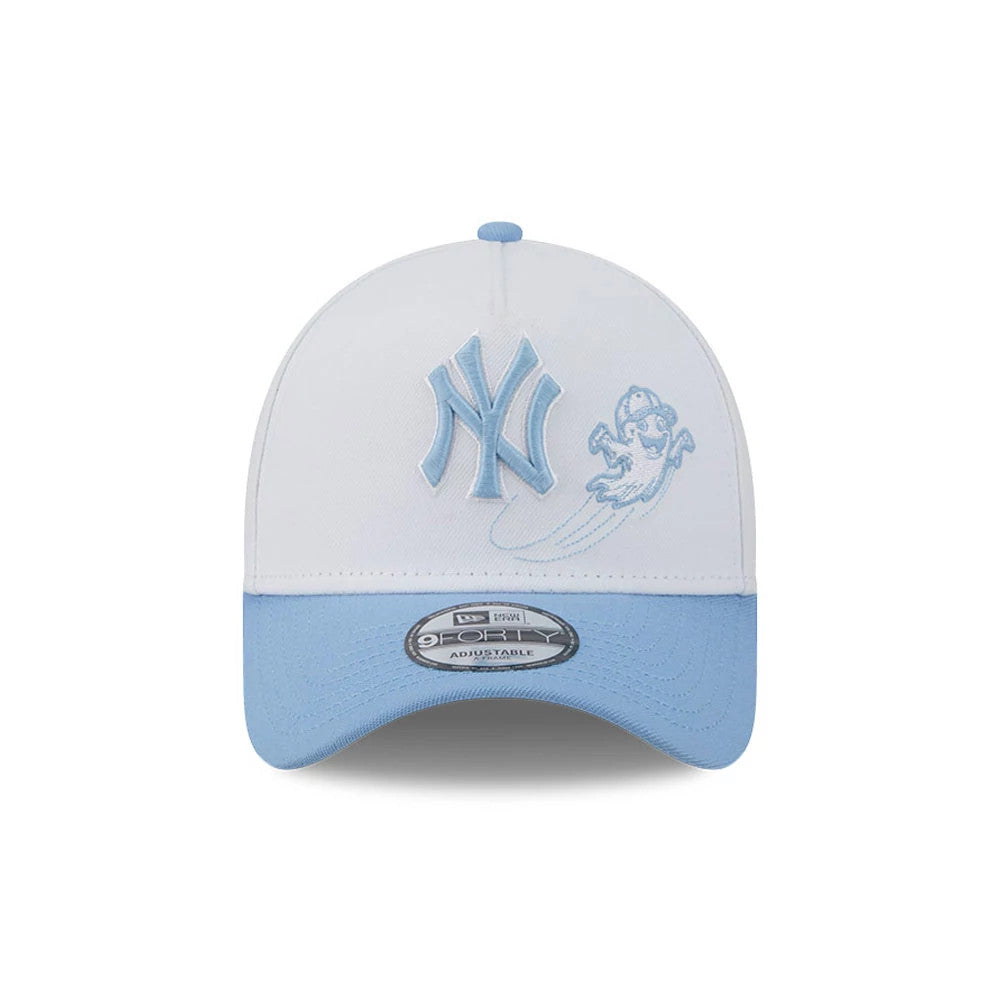 New York Yankees MLB Halloween White New Era 9FORTY A-Frame Adjustable Cap, front view showing light blue embroidered NY logo and ghost graphic on the white crown, paired with a matching light blue curved visor and a 9FORTY size sticker.