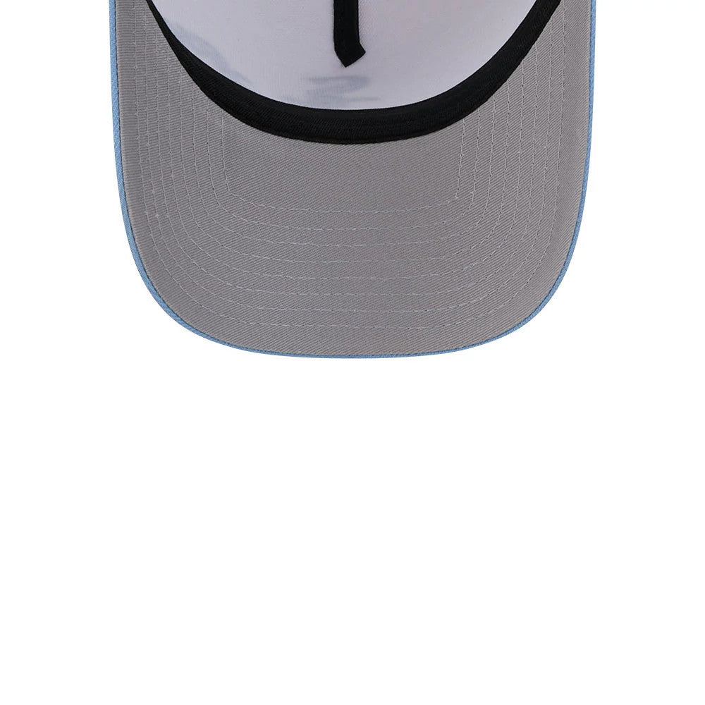 Chicago White Sox MLB Halloween White New Era 9FORTY A-Frame Adjustable Cap, inside view showing the grey undervisor, a black sweatband lining the interior edge, and light blue stitching along the outer edge of the curved visor.