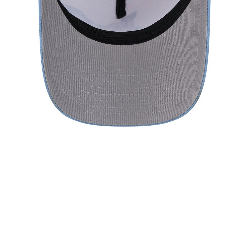 LA Dodgers MLB Halloween White New Era 9FORTY A-Frame Adjustable Cap, inside view showing a grey undervisor with light blue stitching around the edge and a black sweatband lining the interior of the structured crown.