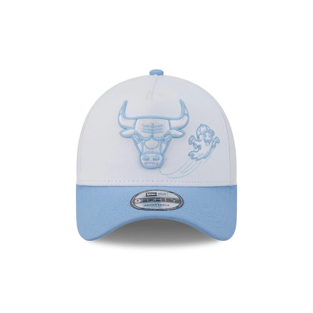 Chicago Bulls NBA Halloween White New Era 9FORTY A-Frame Adjustable Cap, front view showcasing the light blue embroidered Bulls logo and ghost graphic on the white front panel, paired with a contrasting light blue visor and 9FORTY size sticker.