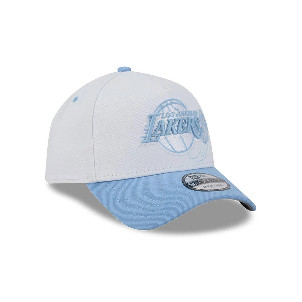 LA Lakers NBA Halloween White New Era 9FORTY A-Frame Adjustable Cap, three-quarter view showing the raised blue embroidered Lakers logo on the front white panel, light blue curved visor, and the 9FORTY size sticker on the top of the visor.