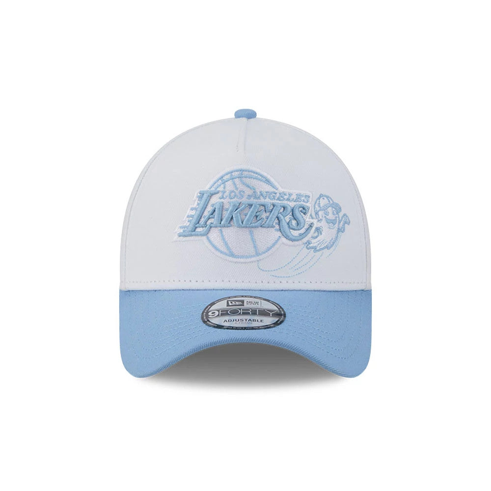 LA Lakers NBA Halloween White New Era 9FORTY A-Frame Adjustable Cap, front view showing light blue raised embroidery of the LA Lakers logo on the structured white crown, with a matching blue visor and a 9FORTY size sticker on the visor.