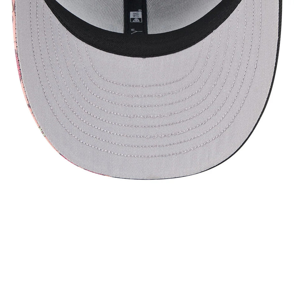New York Yankees MLB Halloween Black New Era 9FIFTY Snapback Adjustable Cap, inside view showing the grey undervisor with black sweatband, black taping lining the seams, and a sewn-in label at the rear of the crown.