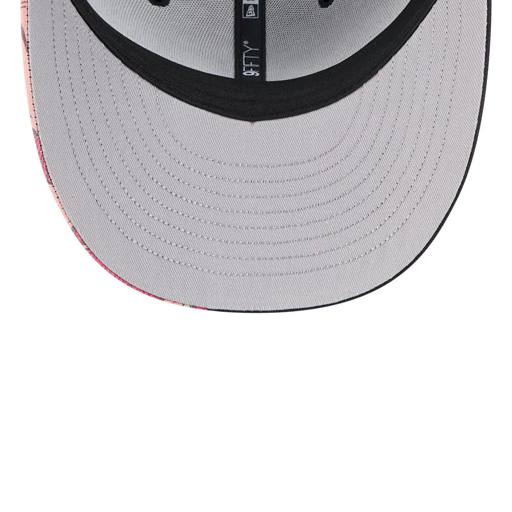 Detroit Tigers MLB Halloween Black New Era 9FIFTY Snapback Adjustable Cap, inside view showing grey undervisor with black stitching, black taping featuring New Era branding, and detailed interior construction with black sweatband.