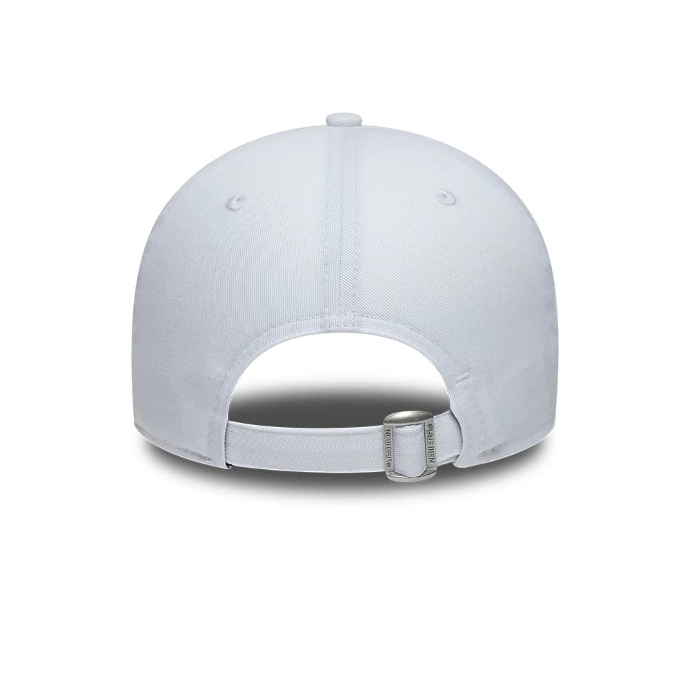 Williams Essential White New Era 9FORTY Adjustable Cap, rear view showing a white strap with a buckle for size adjustment, four evenly spaced eyelets on the structured white crown, and a central seam running vertically down the back.