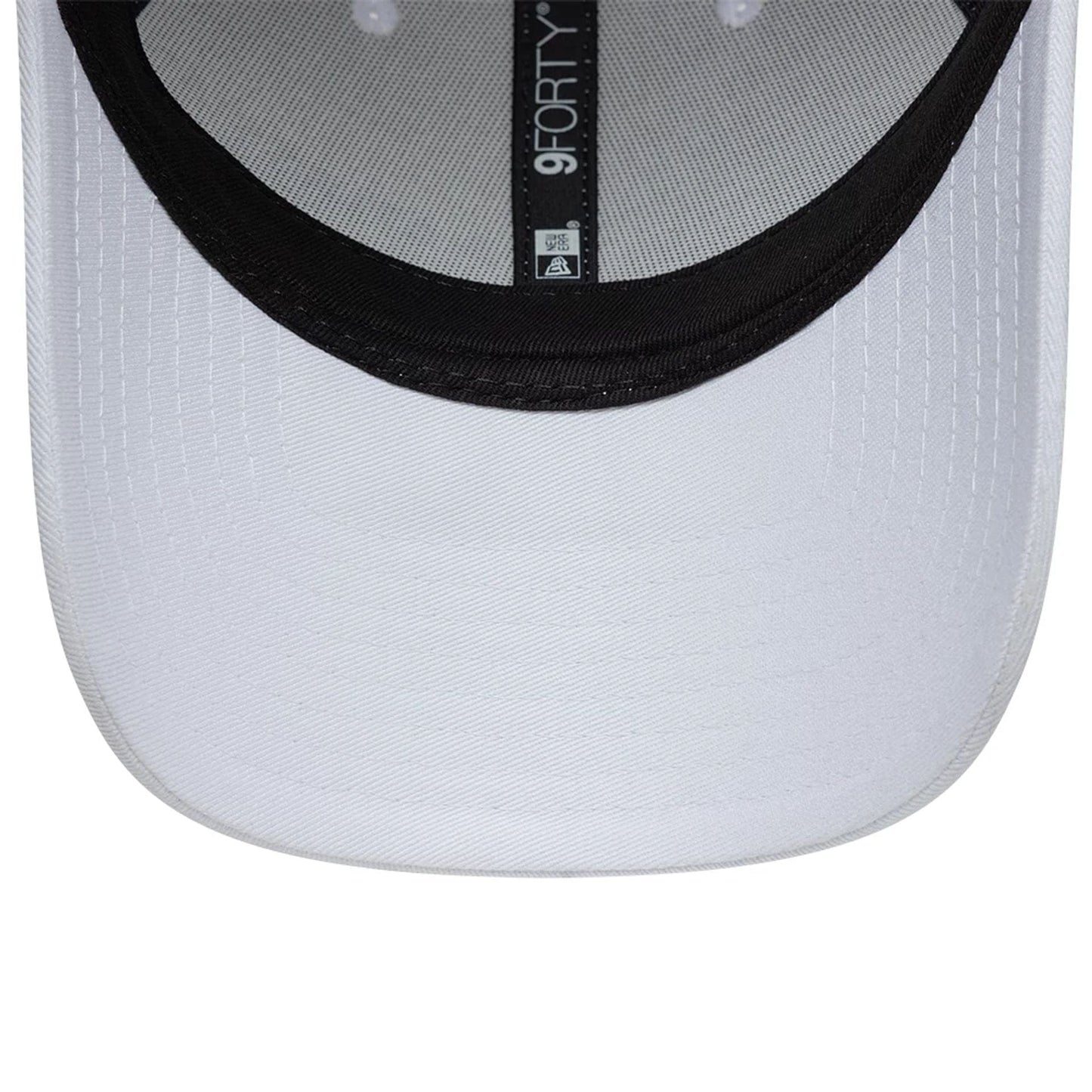 Williams Essential White New Era 9FORTY Adjustable Cap, inside view showing a black sweatband, a white undervisor, and a vertical 9FORTY logo label on the taping along the centre seam.