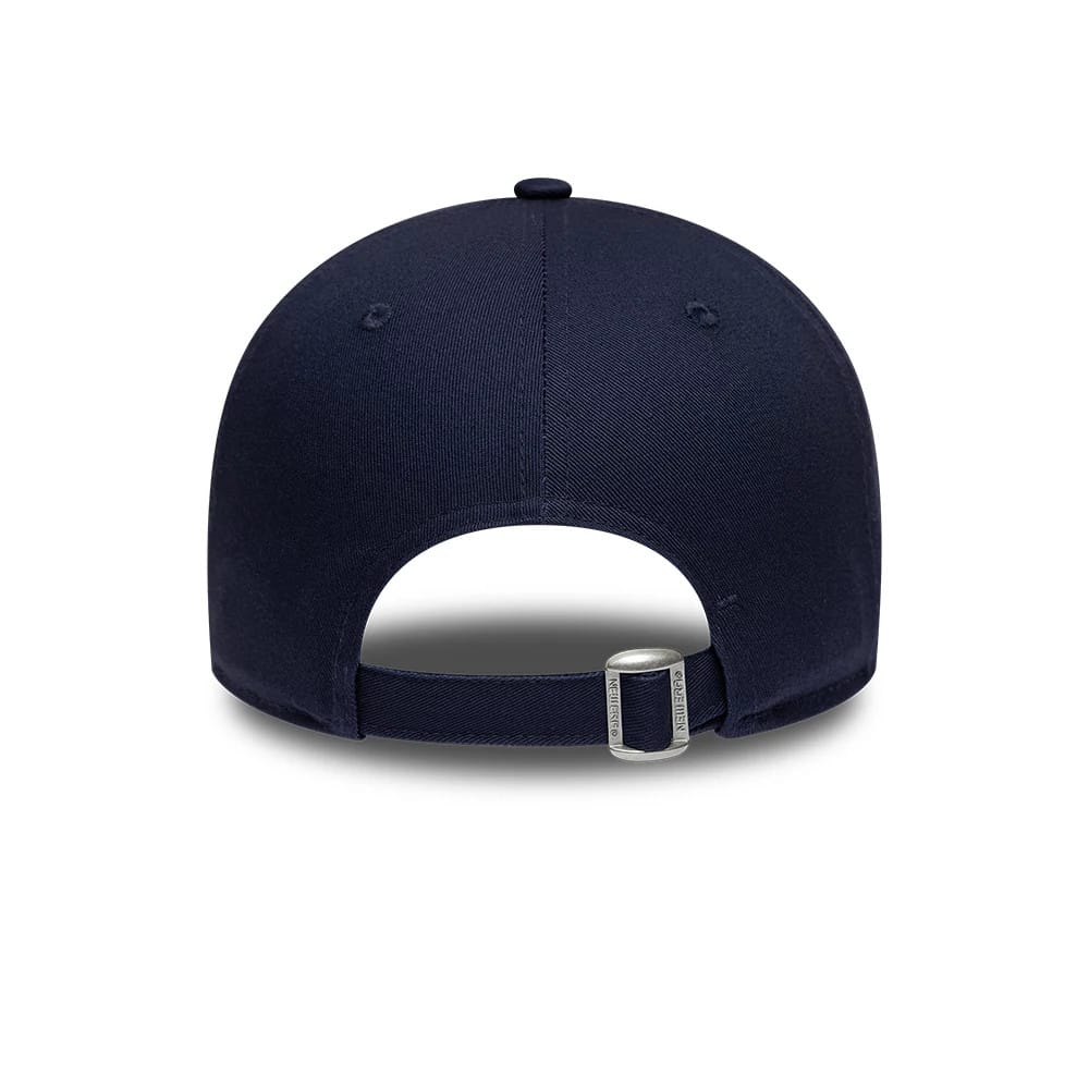 Williams Essential Navy New Era 9FORTY Adjustable Cap, rear view showing the curved navy visor, the structured navy crown with eyelets and top button, and the adjustable fabric strap with a silver slider at the back.
