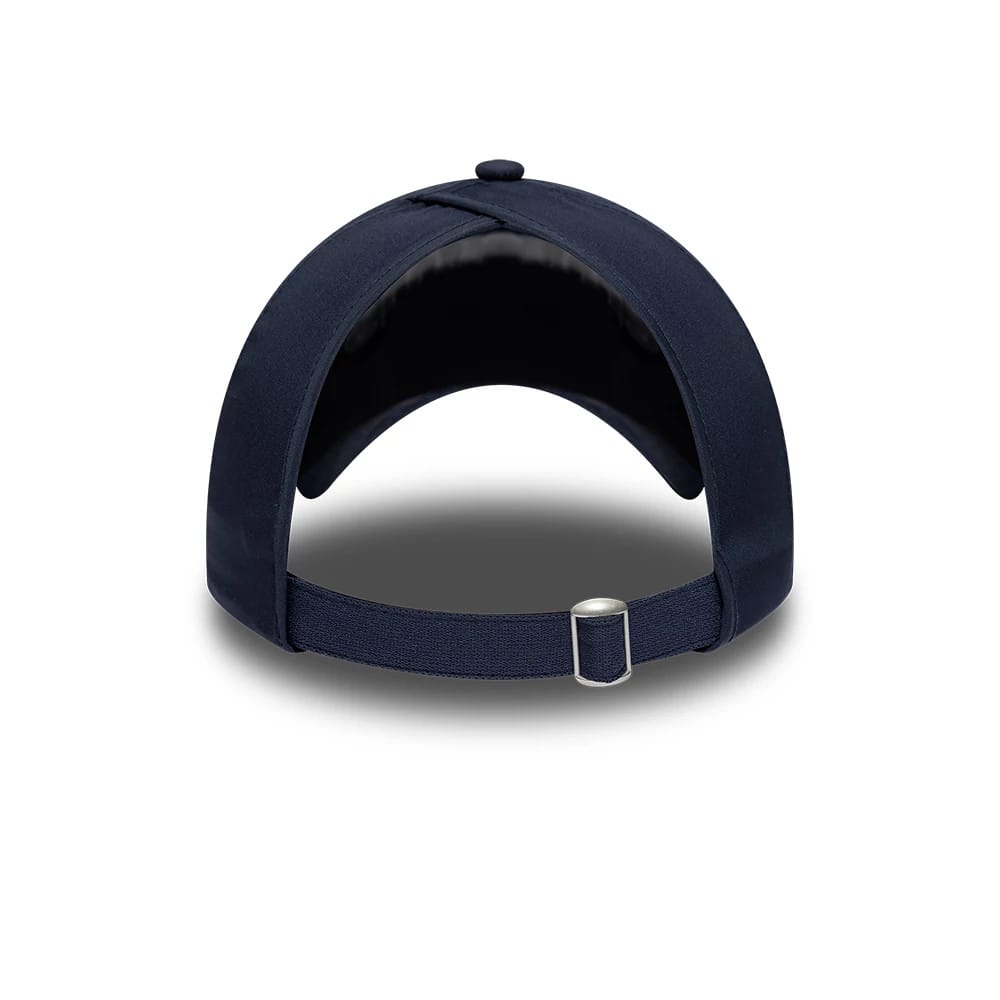 New Era Womens Williams Team Navy Open Back Cap, rear view showing the open-back design with an adjustable strap featuring a silver buckle, a structured navy crown, and a top button completing the clean and minimalistic style.
