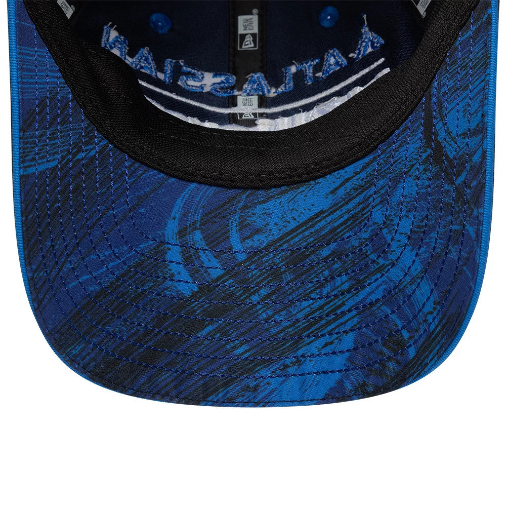 New Era Womens Williams Team Navy Open Back Cap, inside view showing the blue graphic print on the undervisor, black sweatband and interior taping featuring New Era logos and alternating blue and black panels.