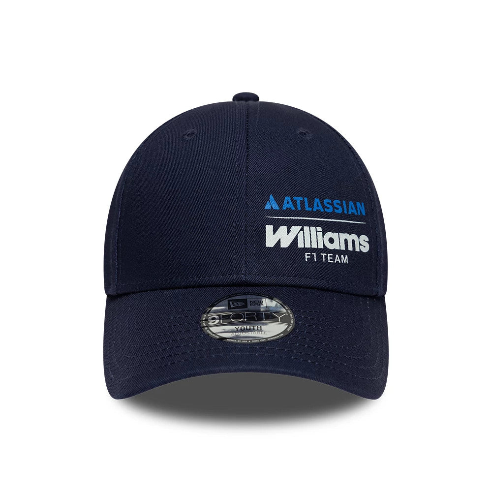 Youth Williams Essential Navy New Era 9FORTY Adjustable Cap, front view showing the blue and white embroidered Williams F1 Team logo on the front panel, a pre-curved navy visor with a 9FORTY size sticker, and a navy top button.