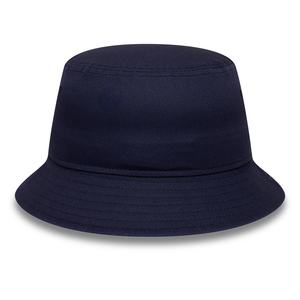 New Era Youth Williams Essential Navy Bucket Hat, front view showing the navy fabric with a wide, downward-sloping visor and a seamless crown, designed for a simple and classic look.