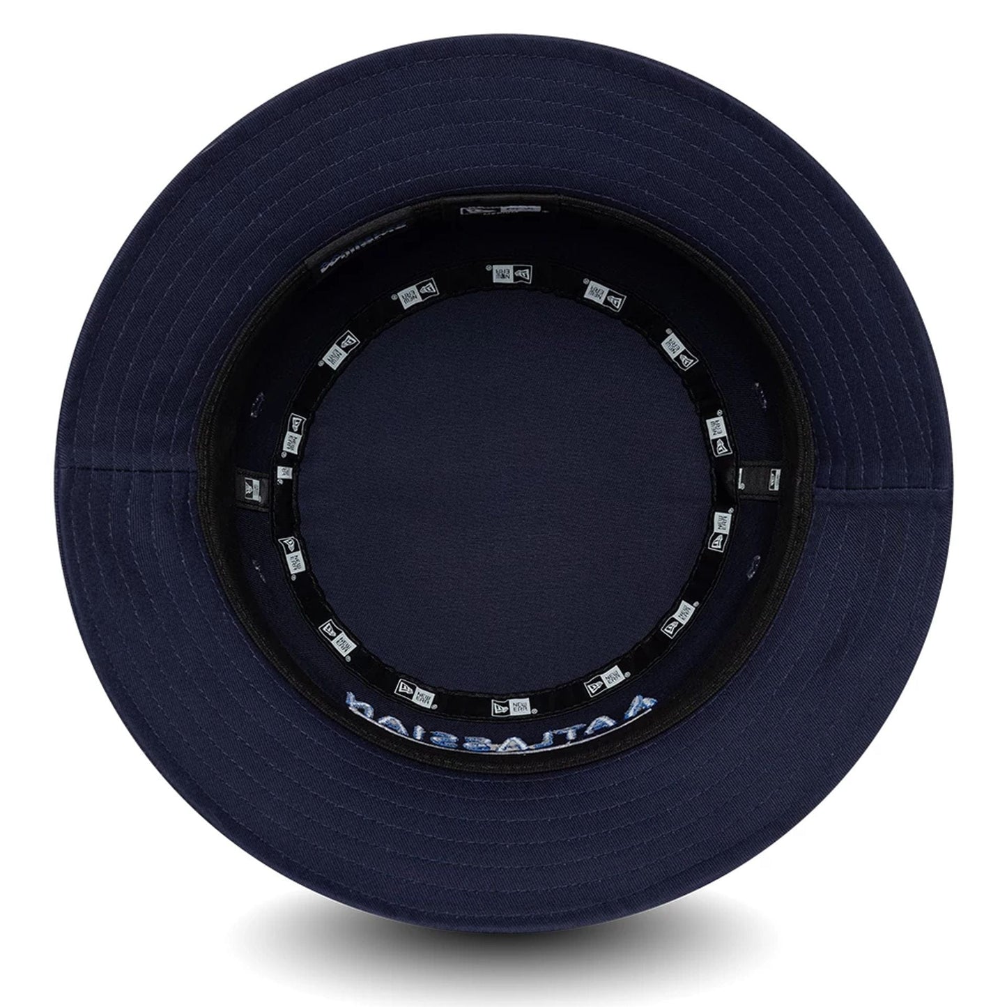 New Era Youth Williams Essential Navy Bucket Hat, inside view showing the black sweatband with repeated New Era branding, navy taping along the inner seams, and a plain navy undervisor.