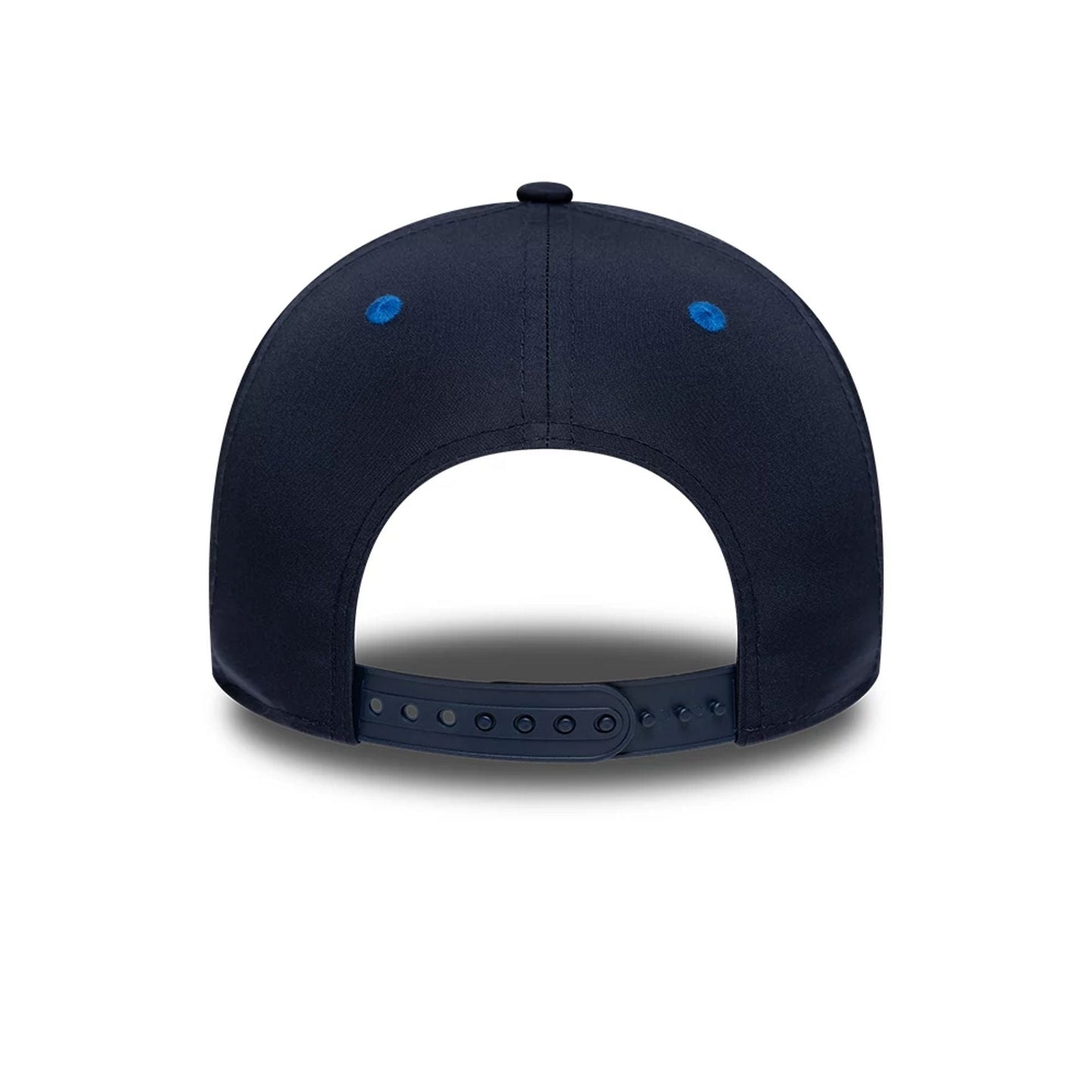 Youth Williams Alex Albon Navy New Era 9FORTY M-Crown Adjustable Cap, rear view showing a navy adjustable strap with eyelets for custom sizing, two blue embroidered eyelets, and a top button on the structured navy crown.