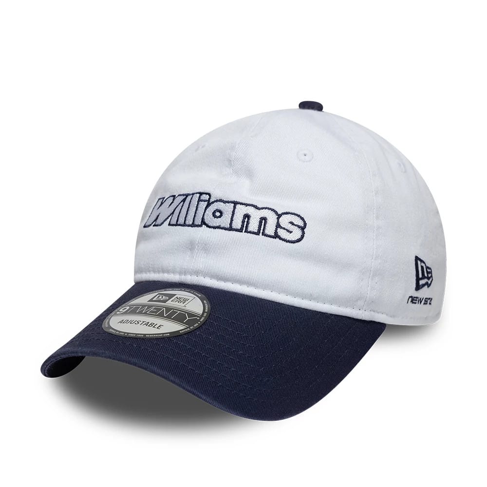 Williams Suzuka Race Special White New Era 9TWENTY Adjustable Cap, front view showing the raised navy Williams embroidered logo on the white crown, a navy curved visor with a 9TWENTY size sticker, and the New Era flag logo on the left side.