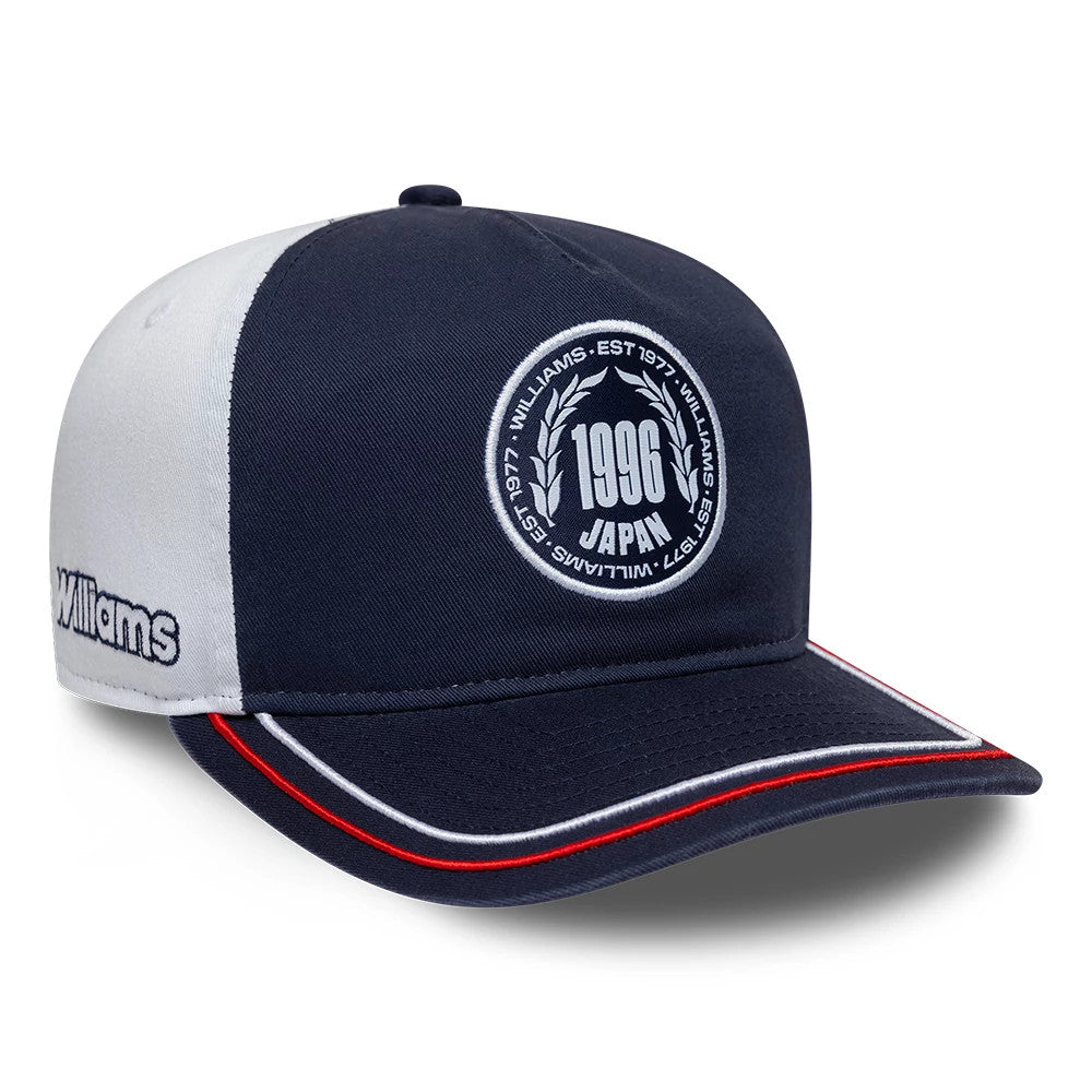 Williams Suzuka Race Special Navy New Era 19TWENTY Adjustable Cap, three-quarter view showing the white 1996 Japan logo embroidered on the front panel, Williams wordmark on the left side, and navy visor with white and red trim.