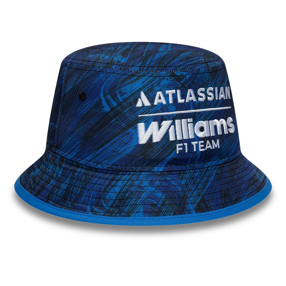 New Era Williams Team Navy Bucket Hat, front view showing the embroidered Atlassian and Williams F1 Team logos in white across the front, with an abstract navy and black pattern on the structured crown and a matching navy visor.