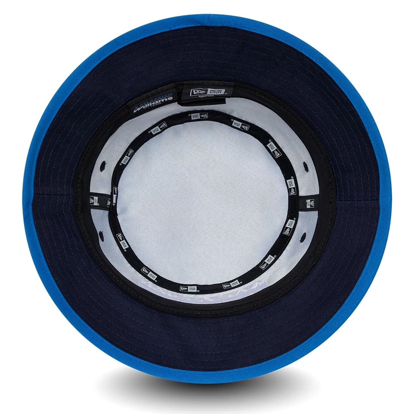 Williams Team Navy New Era Bucket Hat, inside view showing the inner band with black taping featuring the New Era logo, a soft white sweatband, and the contrast between the navy interior and the blue underside of the visor.