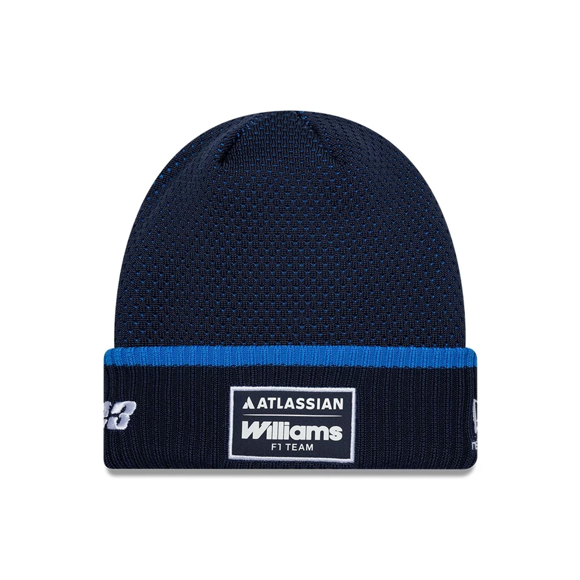 Pictured is this Atlassian Williams F1 Team Alex Albon Cuff Knit Beanie hat in navy. 1
