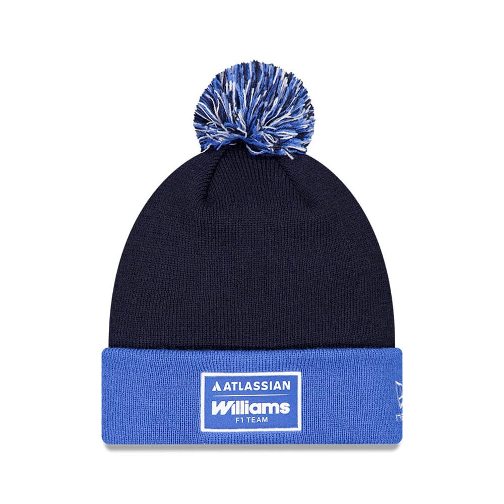 Pictured is this Atlassian Williams F1 Team Essential Bobble Knit Beanie hat in navy. 1
