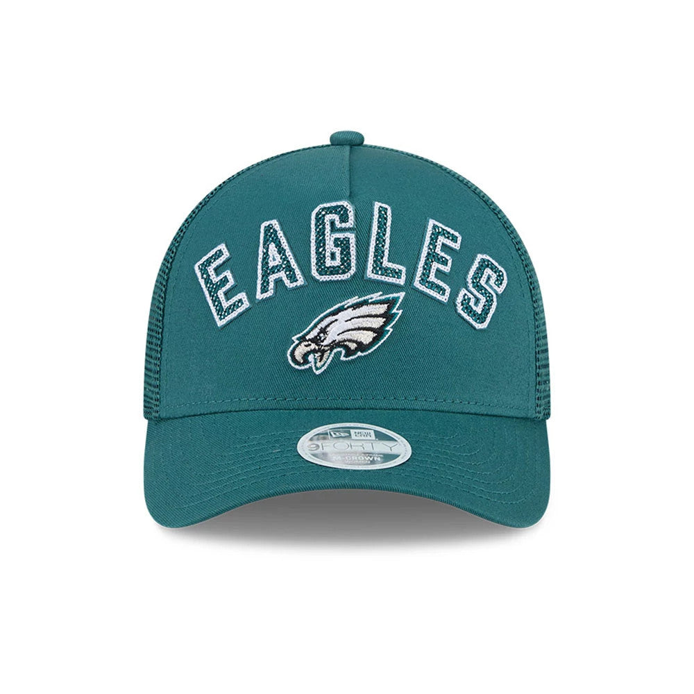 Pictured is this Womens NFL Philadelphia Eagles 9FORTY M-Crown A-Frame Trucker cap in dark green. 2