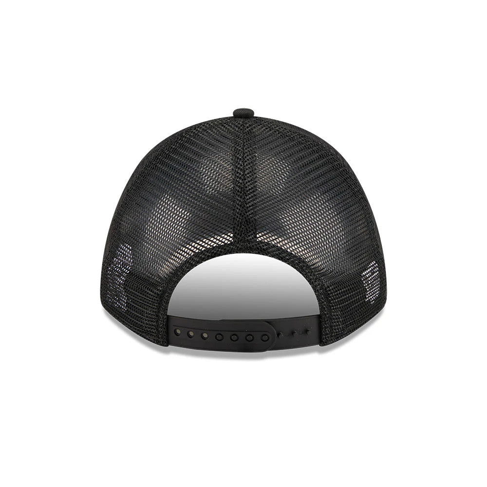 Pictured is this Womens NFL Las Vegas Raiders 9FORTY M-Crown A-Frame Trucker cap in black. 4