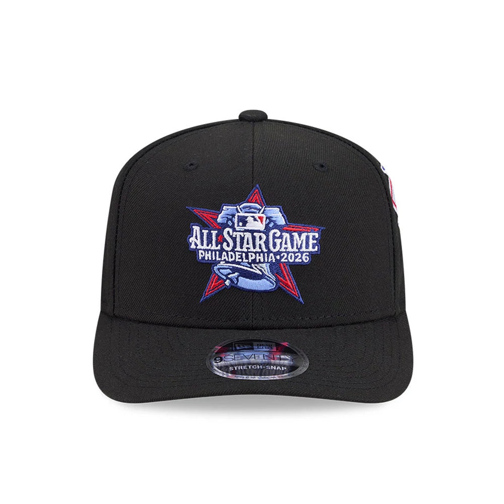 Phillies MLB All Star Game Black New Era 9SEVENTY Stretch Snap Adjustable Cap, front view showing the 2026 MLB All Star Game logo with raised red and blue embroidery on the structured black crown, and a 9SEVENTY size sticker on the visor.