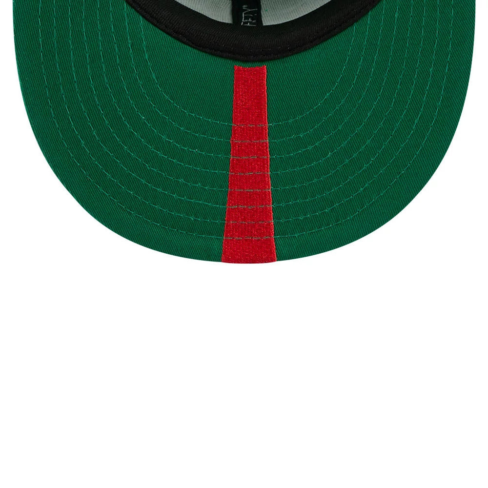 Phillies MLB All Star Game Bright Green New Era 9FIFTY Snapback Adjustable Cap, inside view showing a vivid green undervisor with a prominent red stripe down the centre, complemented by a contrasting black sweatband.