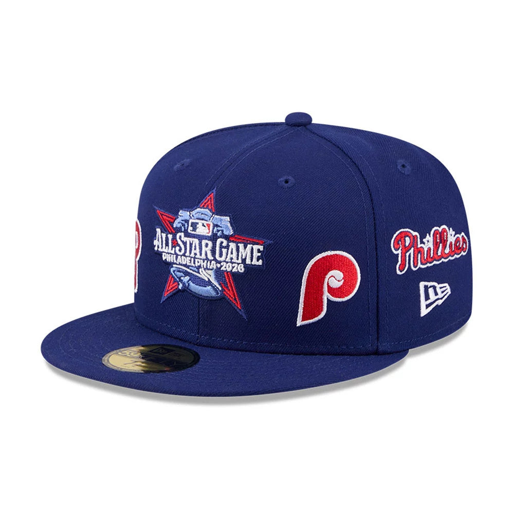 Pictured is this MLB All Star Game Philadelphia Phillies 59FIFTY Fitted cap in dark blue. 1