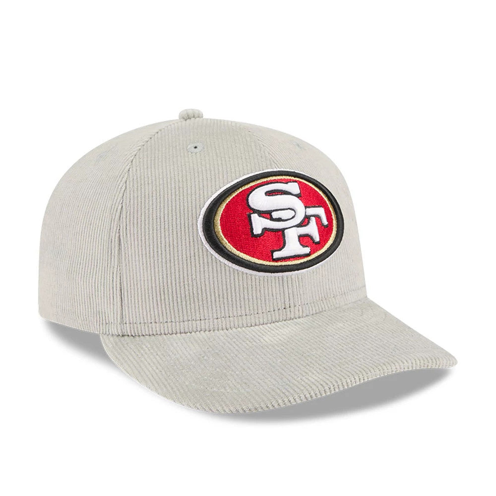 San Francisco 49ers NFL Cord Grey New Era 59FIFTY Fitted Cap, three-quarter view showing the raised embroidered SF logo in white and red on the front, a soft corduroy texture, and a rounded grey visor with stitching.
