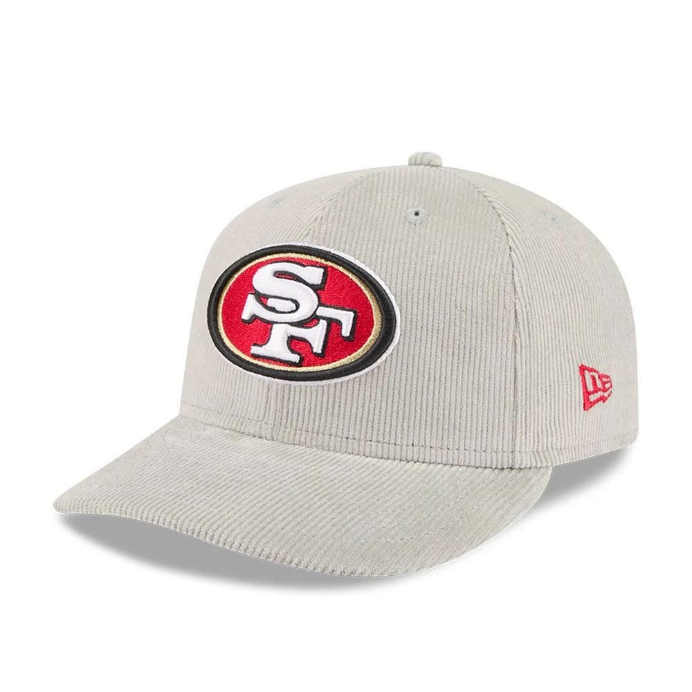 San Francisco 49ers NFL Cord Grey New Era 59FIFTY Fitted Cap, three-quarter view showing the embroidered red and white SF logo on the front panel, a soft grey corduroy fabric on structured crown, and New Era flag logo on the left side.
