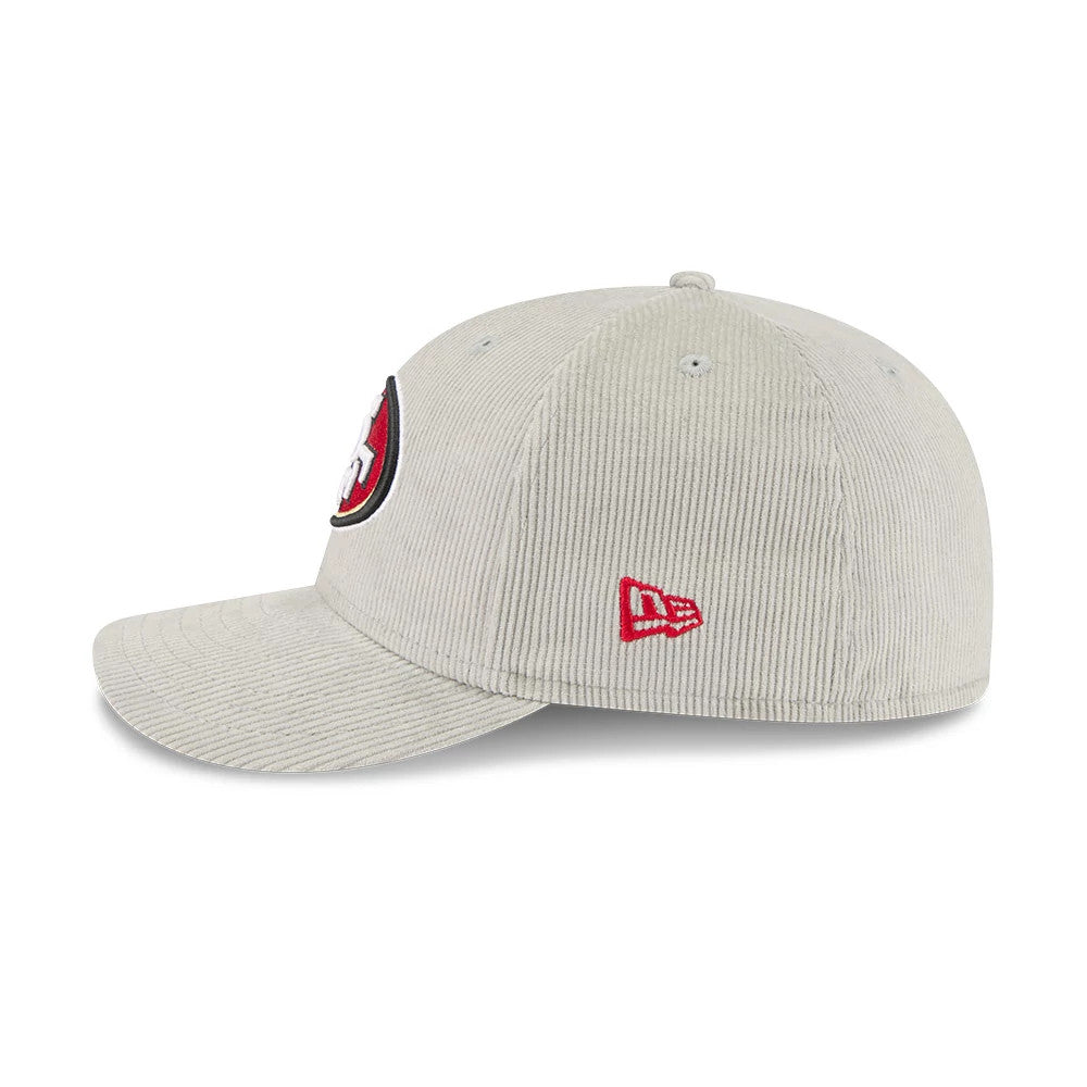 San Francisco 49ers NFL Cord Grey New Era 59FIFTY Fitted Cap, side view showing the red New Era flag logo on the left, with an off-white textured corduroy crown, grey flat visor and grey embroidered eyelets.