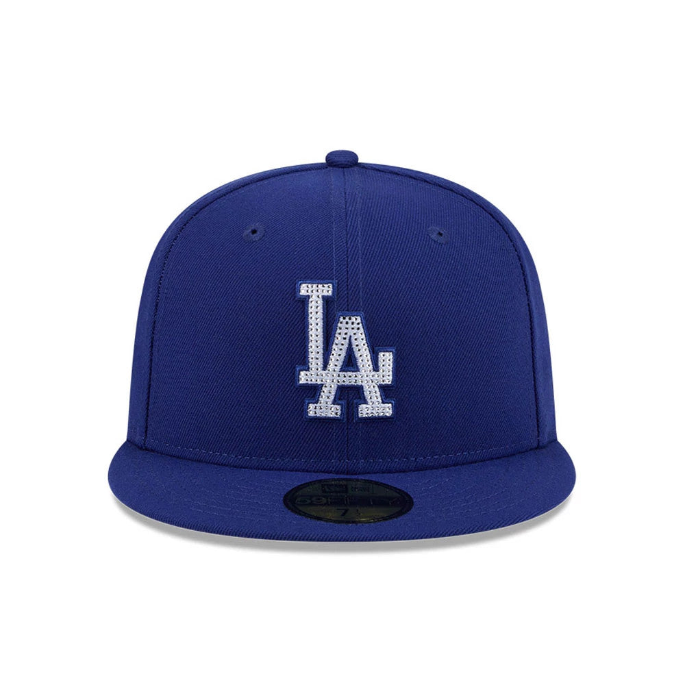 LA Dodgers MLB Rhinestone Badge Dark Blue New Era 59FIFTY Fitted Cap, front view showing the LA logo in sparkling rhinestones on the structured dark blue crown, complemented by a matching flat visor and gold 59FIFTY size sticker.