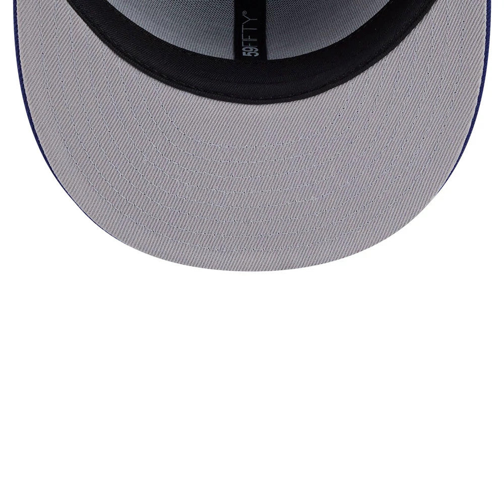 LA Dodgers MLB Rhinestone Badge Dark Blue New Era 59FIFTY Fitted Cap, inside view showing the grey undervisor, black sweatband featuring the 59FIFTY logo, and grey inner taping, highlighting the intricate design and craftsmanship.