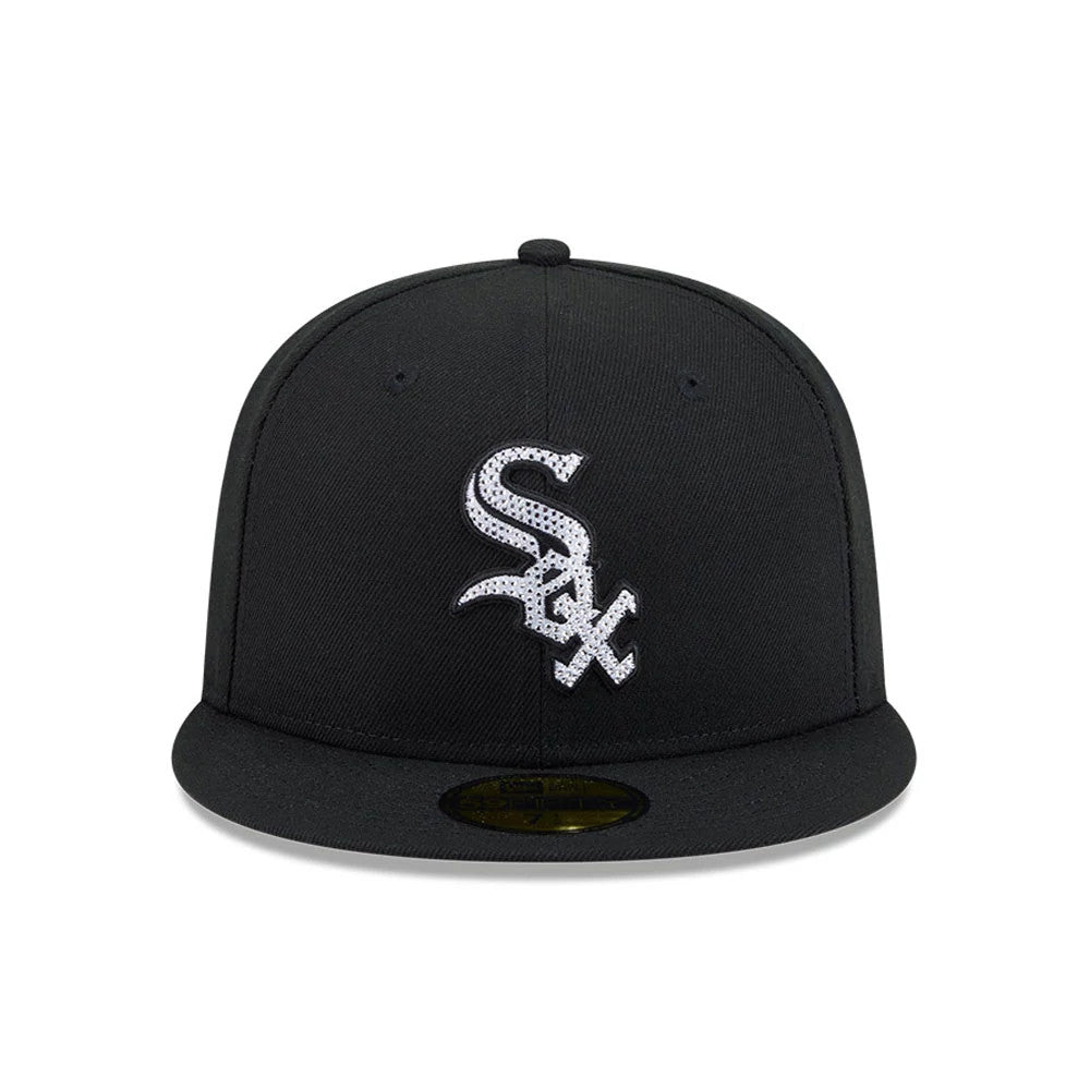 Chicago White Sox MLB Rhinestone Badge Black New Era 59FIFTY Fitted Cap, front view showing the silver rhinestone-embellished Sox logo in raised embroidery on the structured black crown with a flat black visor and a gold 59FIFTY size sticker.