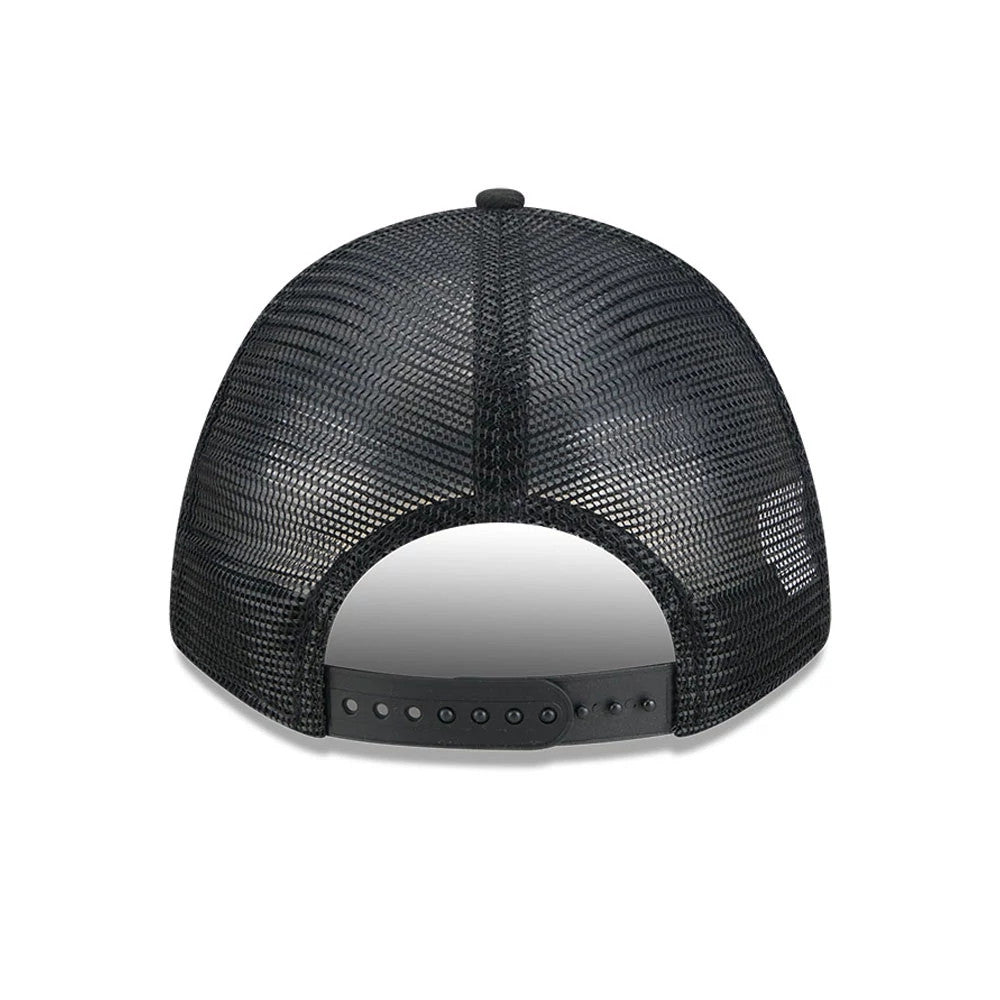 Raiders NFL All Over Black New Era 9FORTY M-Crown A-Frame Trucker Adjustable Cap, rear view showing the black mesh back panels accentuating the trucker style, with an adjustable snap closure for a custom fit and a top button on the crown.