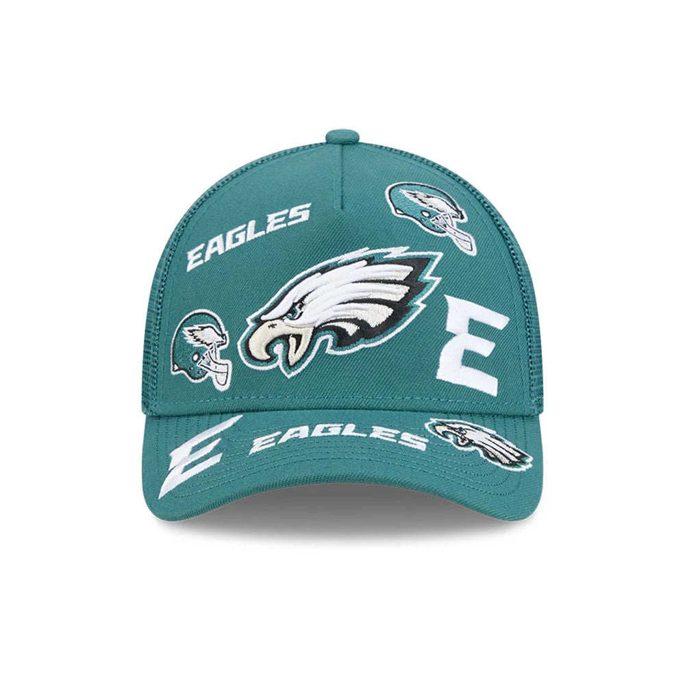 Eagles NFL All Over Dark Green New Era 9FORTY M-Crown A-Frame Trucker Adjustable Cap, front view showing multiple embroidered Eagles logos and white lettering on the structured dark green crown.