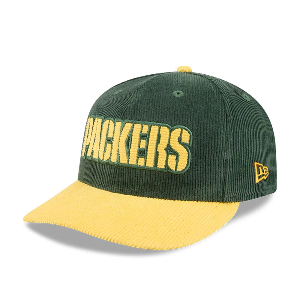 Packers NFL 2 Tone Cord Dark Green & Yellow New Era 9FIFTY Snapback Adjustable Cap, three-quarter view showing the raised yellow Packers logo embroidered on the front panel, with a contrasting yellow visor and a New Era flag logo on the left side.