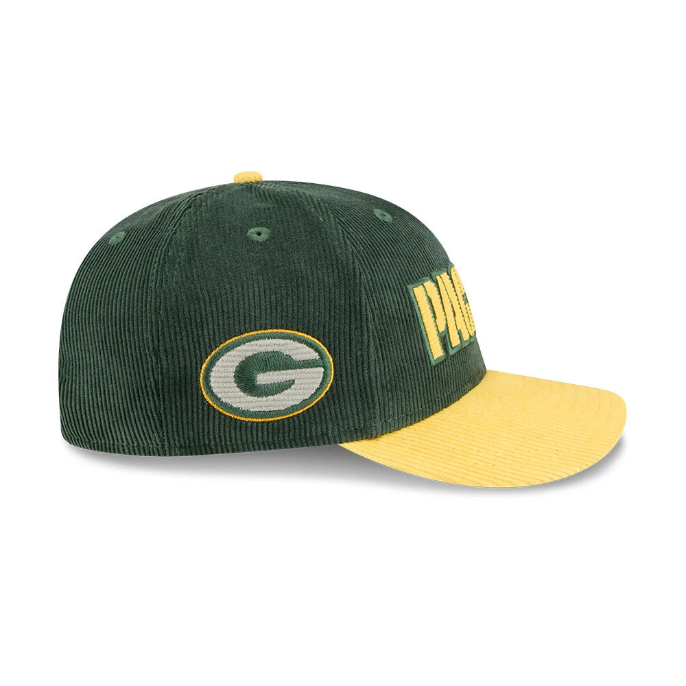 Packers NFL 2 Tone Cord Dark Green & Yellow New Era 9FIFTY Snapback Adjustable Cap, side view showing the oval green and yellow Packers logo embroidered on the left, with a textured dark green crown and contrasting yellow visor and top button.